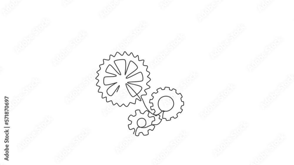 Poster animated self drawing of single continuous line draw gear engine mechanic for logo label. teamwork a
