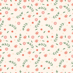 Spring seamless pattern with colored flowers, green leaves, hearts. Spring bloom and luxury. Floral pattern can be used as textile, fabric, wallpaper, banner, etc. Vector.