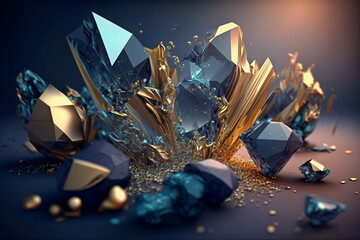 Beautiful abstract background with crystals. Mysterious gemstones, minerals. Magic crystal cluster. Close-up view. Generative AI.