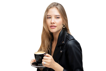 Woman drinking hipster coffee, isolated, transparent background, png.