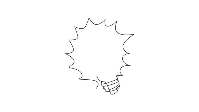 Animated self drawing of one continuous line draw shining glass lightbulb icon logo emblem. Power innovation symbol logotype template concept. Full length single line animation illustration.
