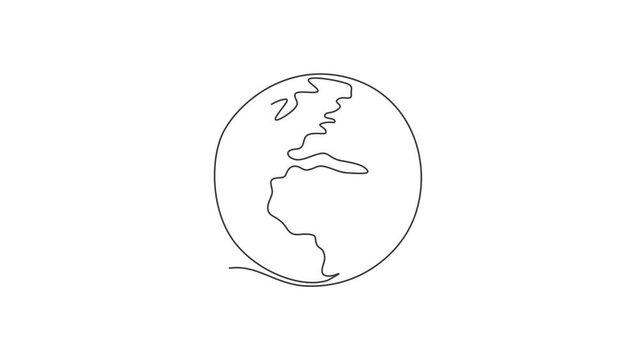Animated self drawing of single continuous line draw sphere global earth for logo label. World globe concept for study educational knowledge. Full length one line animation illustration.