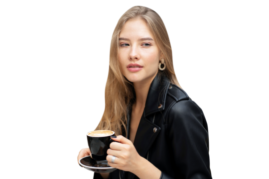 Woman drinking hipster coffee, isolated, transparent background, png.