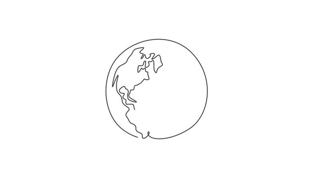 Animated self drawing of single continuous line draw global sphere of world globe for educational knowledge. Planet logotype symbol template concept. Full length one line animation outer space science