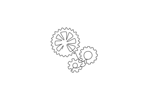 Animated self drawing of single continuous line draw gear engine mechanic for logo label. Teamwork at industrial company logotype symbol template concept. Full length one line animation for cooperate.