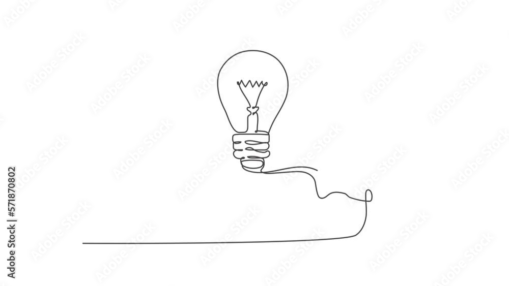 Poster animation of one line drawing of open palm hand holding lightbulb for invention company logo identit