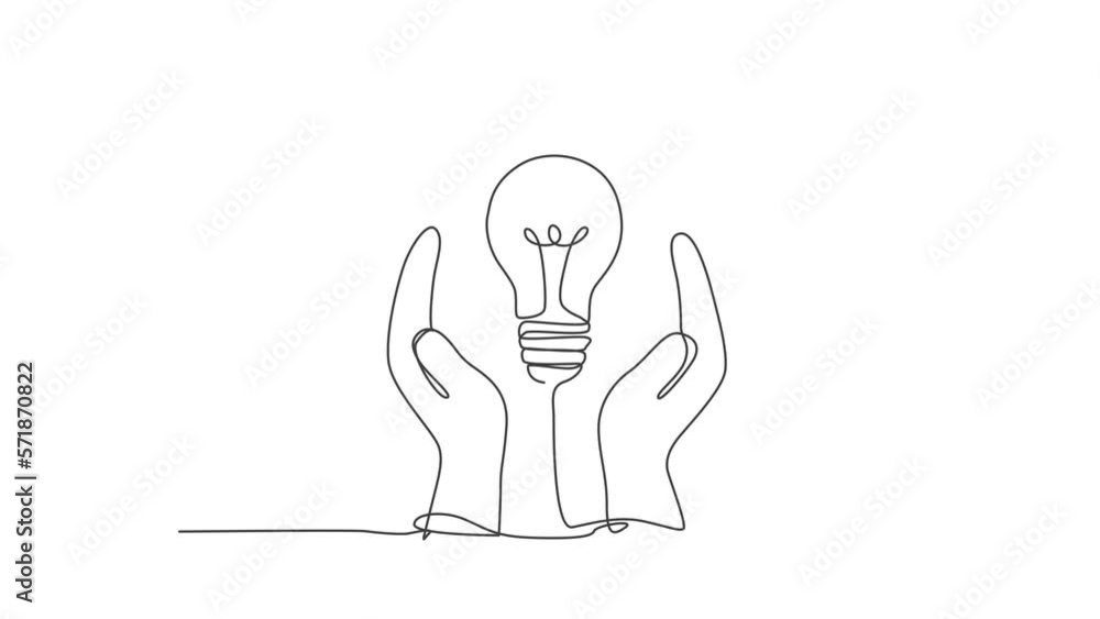 Poster animated self drawing of single continuous line draw open hands protect lightbulb for logo label. co