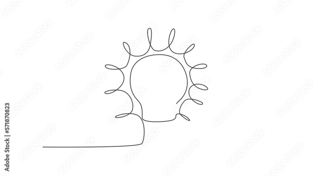 Poster animated self drawing of single continuous line draw bright shining lightbulb for logo label. power 
