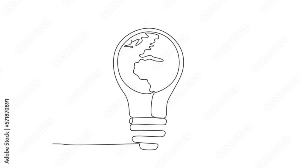 Poster animation of one line drawing of sphere globe inside shining lightbulb for company logo identity. th
