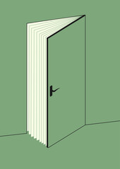 Open book of knowledge. Vector illustration of a door to the world of knowledge in the form of an open book. Sketch for creativity.
