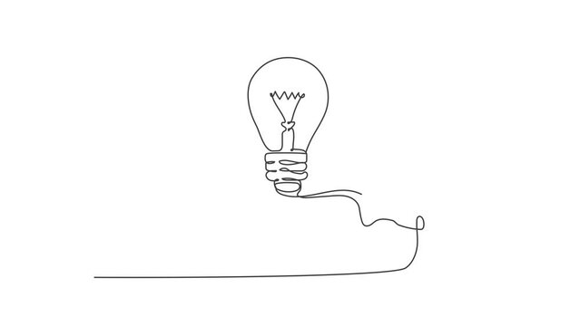 Animation of one line drawing of open palm hand holding lightbulb for invention company logo identity. Creativity icon concept from bulb shape. Continuous line self draw animated. Full length motion.