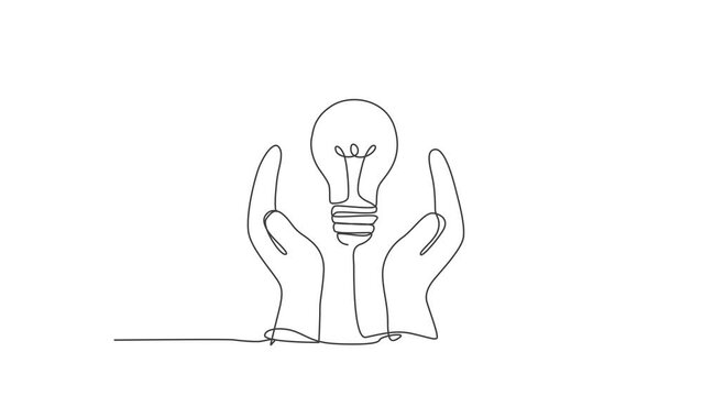 Animated self drawing of single continuous line draw open hands protect lightbulb for logo label. Company safe protection logotype symbol template concept. Full length one line animation illustration.