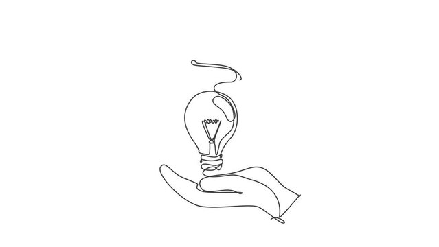 Animated self drawing of one continuous line draw hands protect light bulb icon logo emblem. Safe protection company symbol logotype template concept. Full length single line animation illustration.