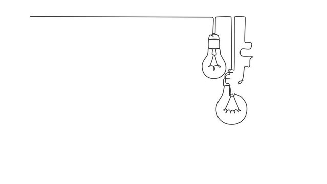 Animated self drawing of one continuous line draw hanging lightbulbs on house ceiling rooftop. Poster for wall decor interior design. Full length single line animation illustration.