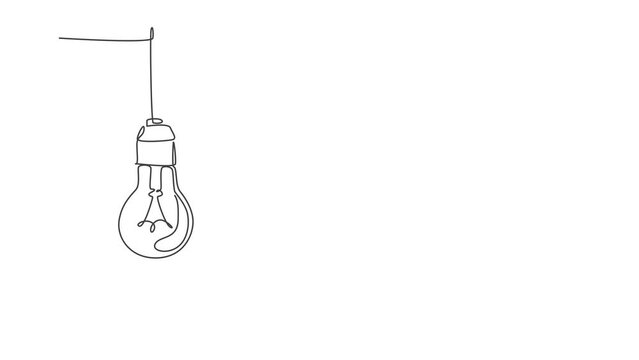 Animated self drawing of single continuous line draw light bulb hang on house ceiling rooftop. Power up creativity logotype symbol template concept. Full length one line animation for interior design.