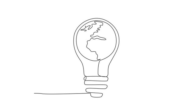 Animation of one line drawing of sphere globe inside shining lightbulb for company logo identity. Thinking smart idea creative icon concept. Continuous line self draw animated. Full length motion.
