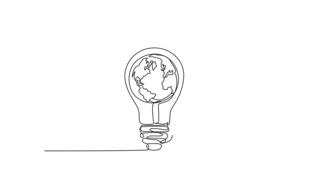 Animated self drawing of one continuous line draw sphere world globe inside bright shining lightbulb icon logo emblem. Creative symbol logotype template concept. Full length single line animation.