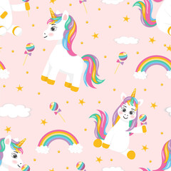 childish seamless pattern on pink background unicorn with rainbow