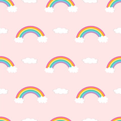 childish seamless pattern on pink background rainbow with clouds