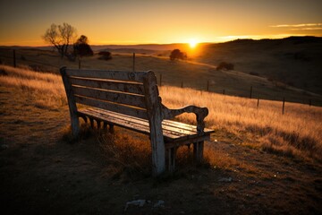 lonely bench in sunset mountain 