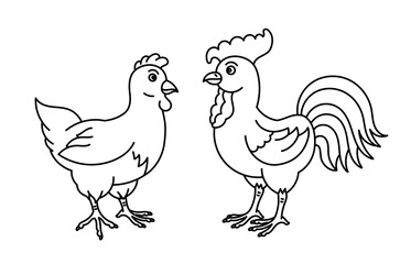 Hen and cockerel. Poultry domestic bird. Vector line. Editable outline stroke.