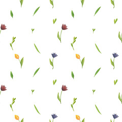 Watercolor pattern with tulips of different colors and green blades of grass on a white background.