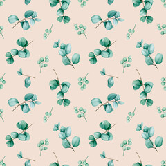 Seamless pattern with eucalyptus and berries. Watercolor botanical ornament for cards, packaging, wrapping, stationery, fabric, textile. Wedding, birthday, anniversary design.