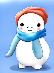 Beluga whale in a hat, scarf. Watercolor drawing postcard, big eyes, big head, small body