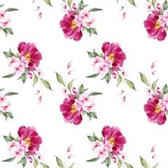 Behang Seamless floral pattern with pink magenta peony flowers on white background, watercolor. Template design for fabric, interior, clothes, wallpaper. Botanical art  © Nataliya Kunitsyna