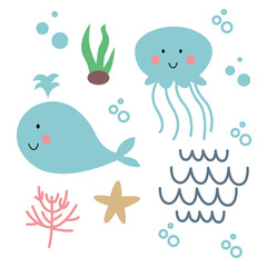 CUTE UNDERWATER ANIMALS SET ( WHALE, JELLYFISH, CORAL, WAVES, SEA WEEDS, SEA STAR )