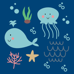 CUTE UNDERWATER ANIMALS SET ( WHALE, JELLYFISH, CORAL, WAVES, SEA WEEDS, SEA STAR )