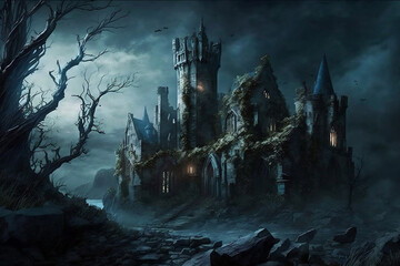 spooky castle, scary, unkempt, horror, old gothic castle, haunted mansion, generative ai - obrazy, fototapety, plakaty
