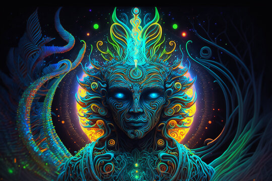 Concept of psychedelics, ayahuasca hallucination colorful neon glow illustration, forest shaman