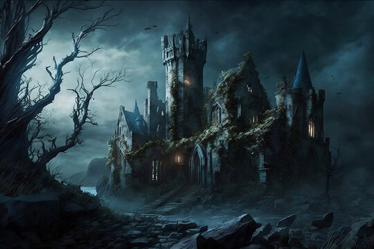 spooky castle, scary, unkempt, horror, old gothic castle, haunted mansion, generative ai