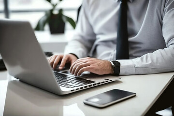 Businessman working on laptop computer on white table at office. Professional business man hands typing on laptop, online working, surfing the internet, close up