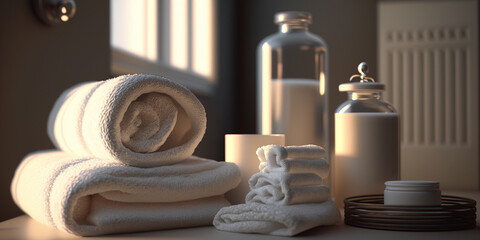 Obraz na płótnie Canvas Bathroom towels and soap empty space. Generative AI