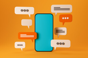 3D smartphone with chat bubble talk icons and notification on orange background. Mobile social media online concept. Chat, sms, communication, talk, message. Minimal cartoon cute. 3d illustration