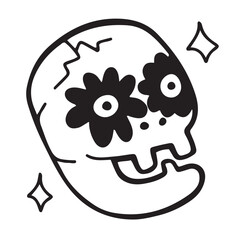 Hand drawn happy skull head with flowers in eyes, decorated with sparkles. Positive thinking. Funny isolated vector illustration