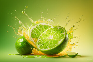 Fototapeta na wymiar Lime with lime juice splashes on a light green background, studio light, for food advertisement
