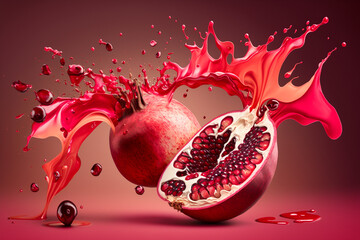 Pomegranata with pomegranata  juice splashes on a light red background, for food or fruit advertisement