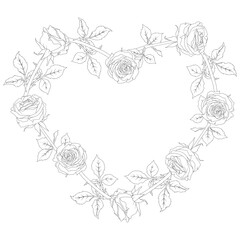Heart wreath of a rose with stem and leaves in line art style. Vector illustration. Hand drawn outline flower. Black and white drawing. For the design of stickers, wedding invitations, greeting cards