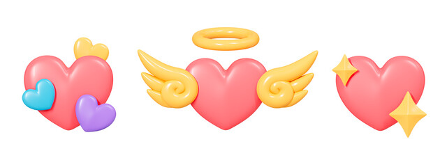 3D Set of emoji Hearts with angel wings and halo, shining stars. Pink like emoticon. Love on Valentine's day. Cartoon creative design collection icon isolated on white background. 3D Rendering