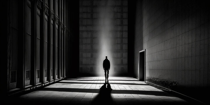 dappled shadow, a lone man with glowing light in the middle of a brutalist covent in city. Generative AI