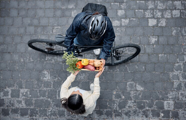 Grocery customer, courier delivery and biker with retail sales product, shopping nutritionist or...