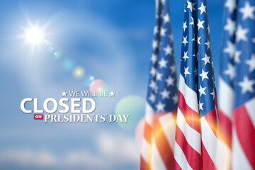 Presidents Day Background Design. American flags on a background of blue sky with a message. We...
