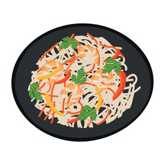 Asian cuisine dish funchoza with shrimp and vegetables isolated on a white background. Vector illustration in flat style