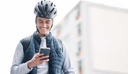 Happy, bike delivery or man with phone in London city, street or road for GPS, location or...