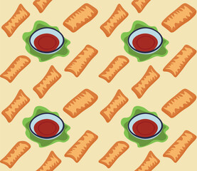 Seamless pattern with Asian cuisine dish of spring rolls. Template for fabric, textile, wallpaper, paper, packaging. Vector illustration