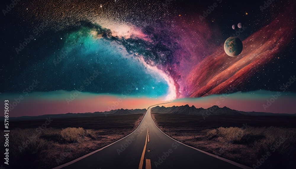 Wall mural way path to heaven under starry sky with norther light , Generative Ai