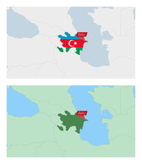 Azerbaijan map with pin of country capital. Two types of Azerbaijan map with neighboring countries.